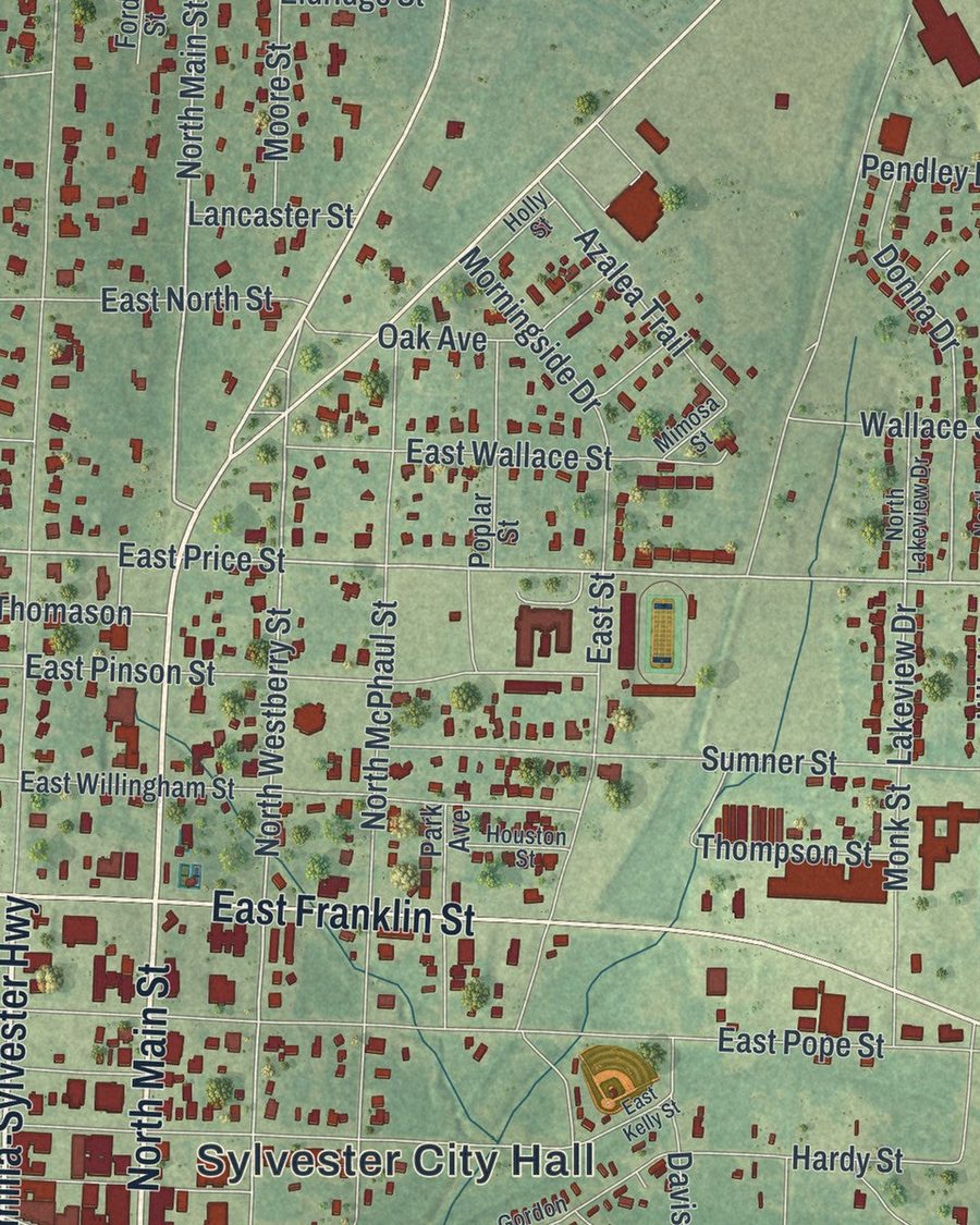 Close-up of Sylvester streets on the map