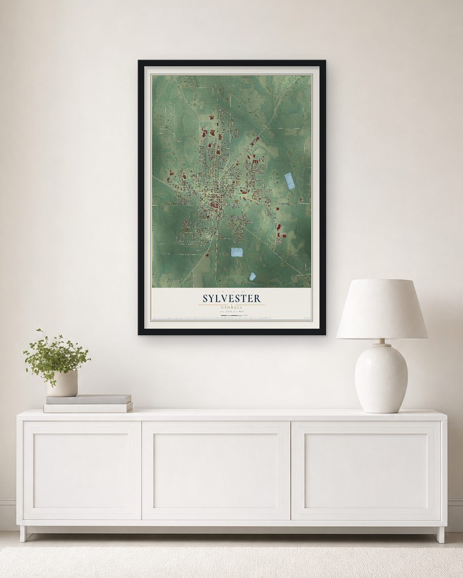 The Sylvester, Georgia map, 24 x 36 in, in a black wood frame on a living room wall