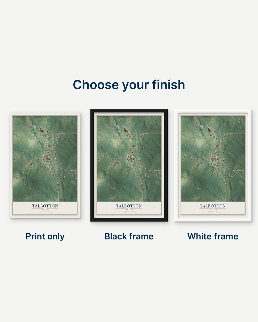 The Talbotton, Georgia map as a print only, in a black frame and in a white frame
