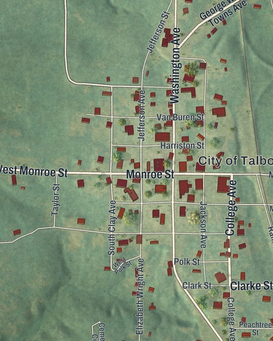 Close-up of Talbotton streets on the map