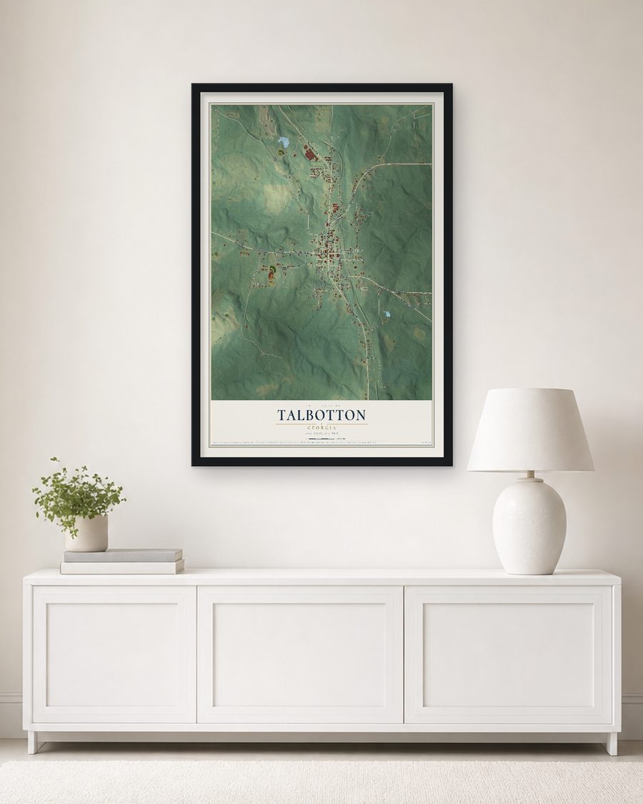 The Talbotton, Georgia map, 24 x 36 in, in a black wood frame on a living room wall