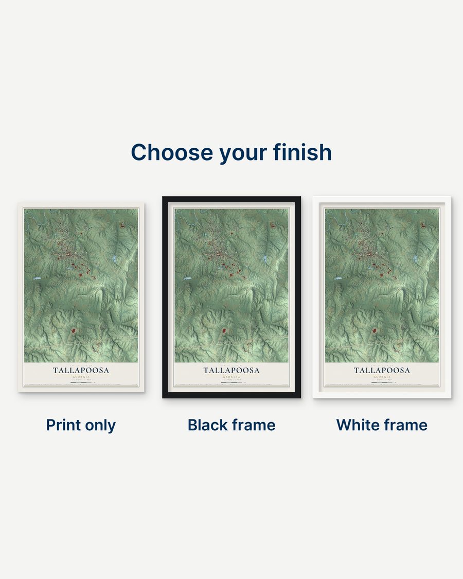 The Tallapoosa, Georgia map as a print only, in a black frame and in a white frame