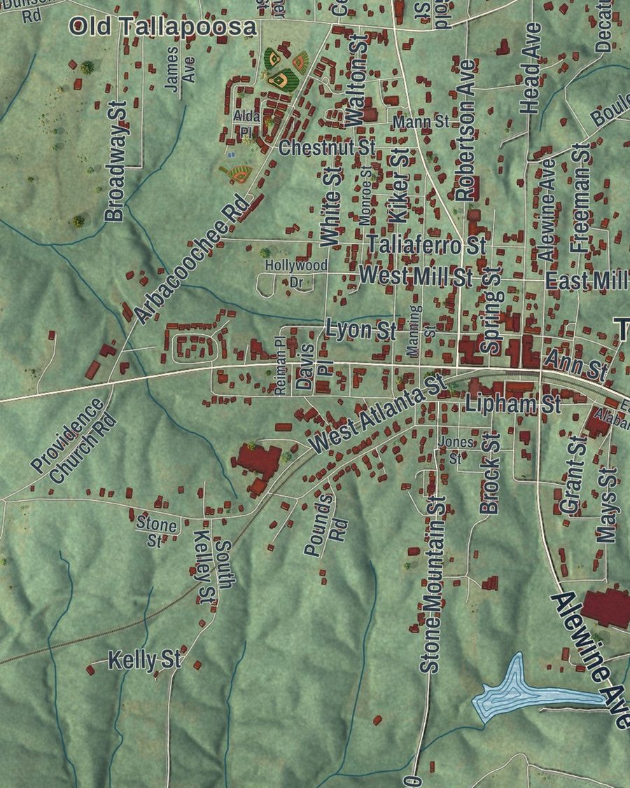 Close-up of Tallapoosa streets on the map
