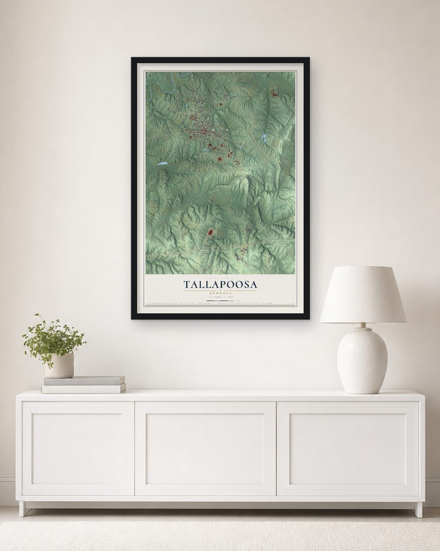 The Tallapoosa, Georgia map, 24 x 36 in, in a black wood frame on a living room wall