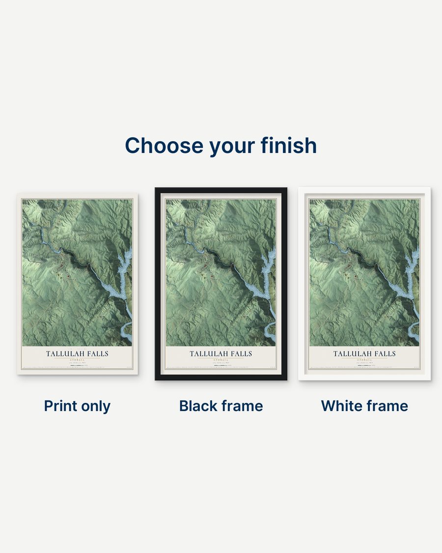 The Tallulah Falls, Georgia map as a print only, in a black frame and in a white frame