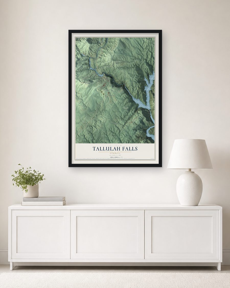 The Tallulah Falls, Georgia map, 24 x 36 in, in a black wood frame on a living room wall