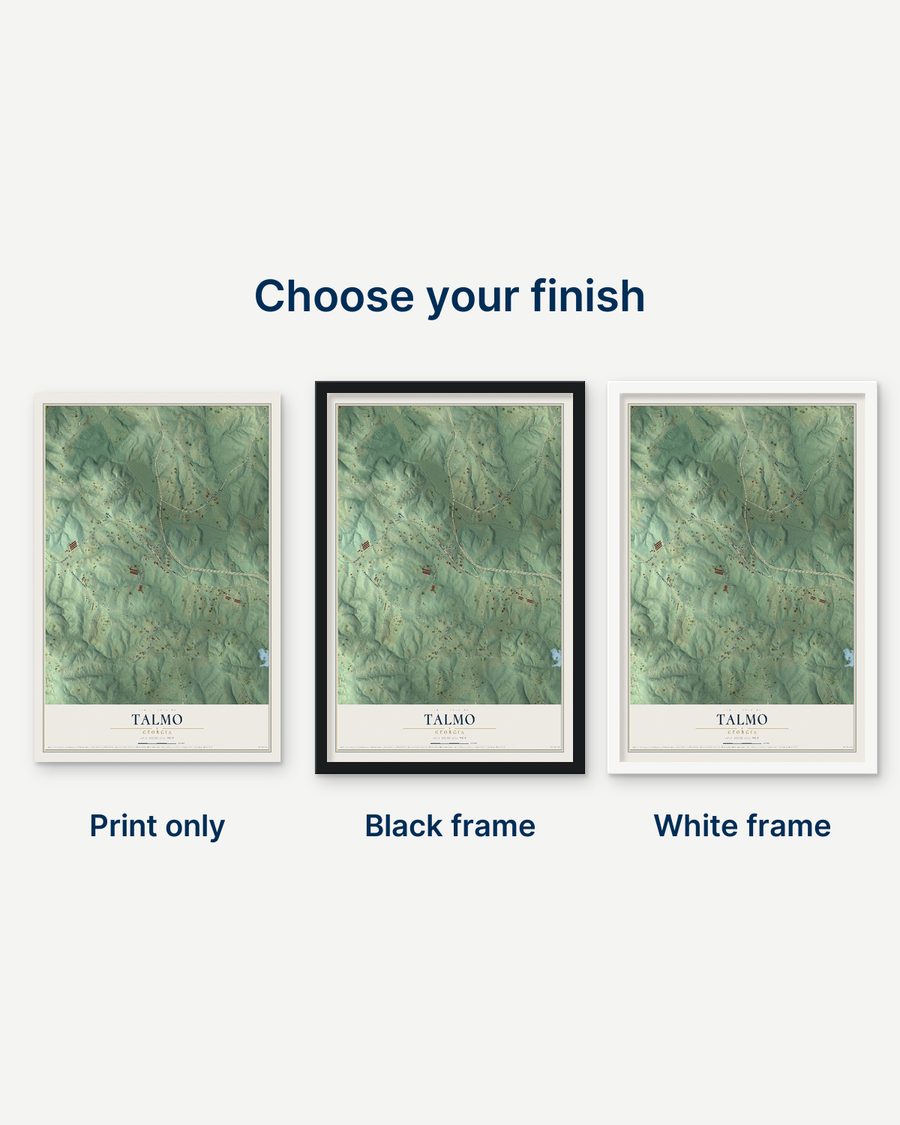 The Talmo, Georgia map as a print only, in a black frame and in a white frame