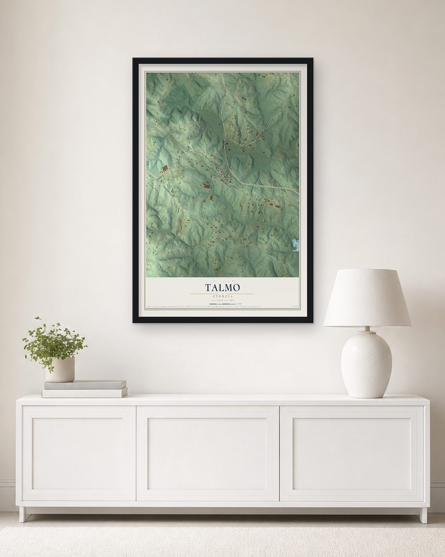 The Talmo, Georgia map, 24 x 36 in, in a black wood frame on a living room wall
