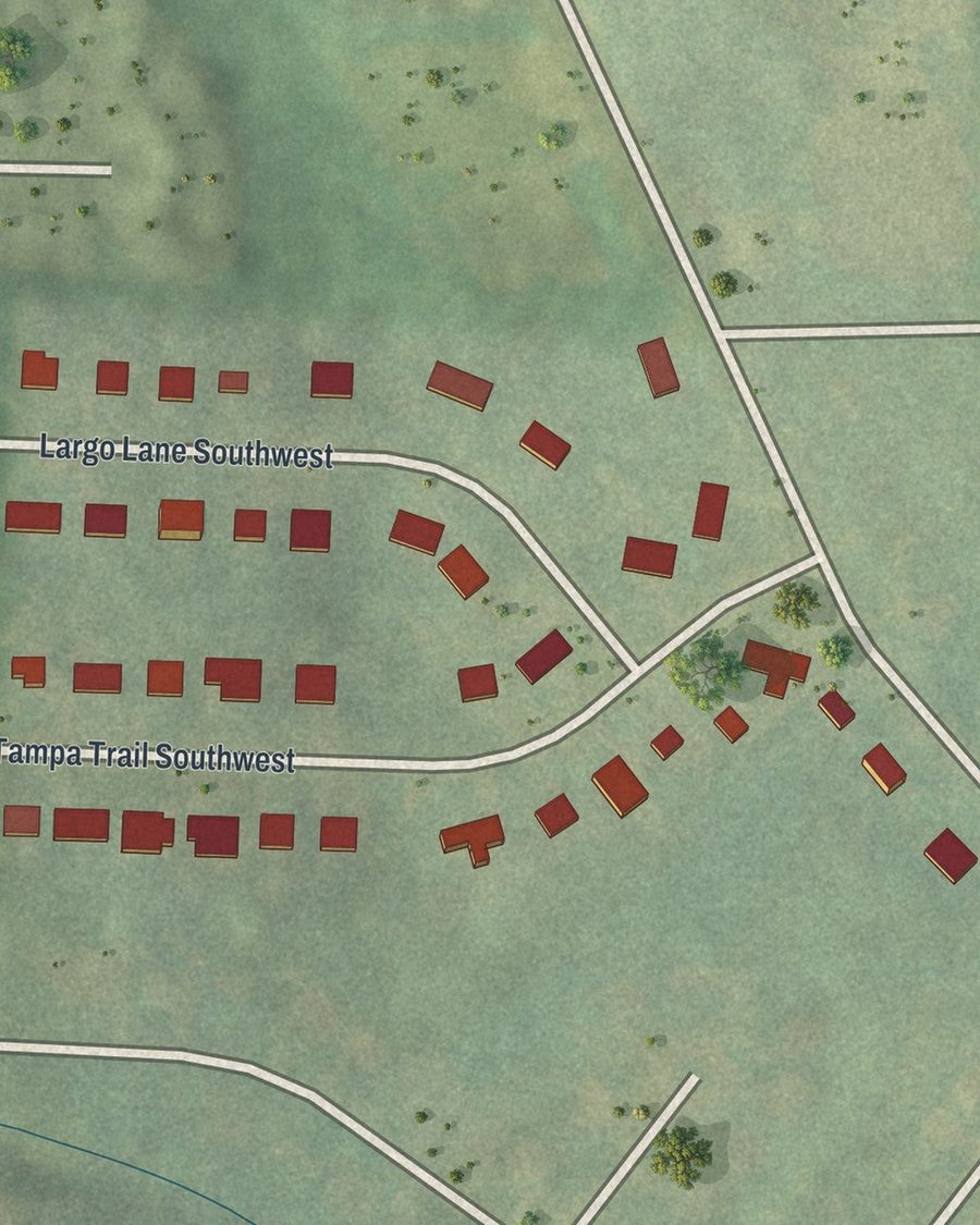 Close-up of Tampa Park streets on the map