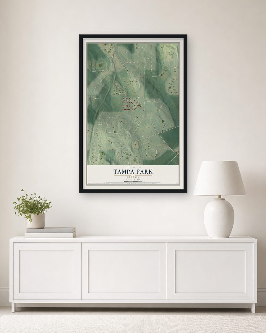 The Tampa Park, Georgia map, 24 x 36 in, in a black wood frame on a living room wall