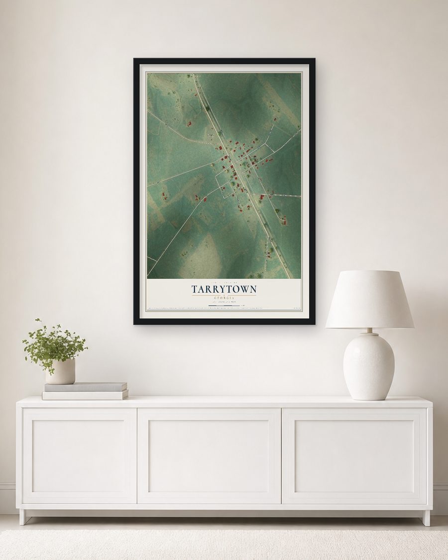 The Tarrytown, Georgia map, 24 x 36 in, in a black wood frame on a living room wall