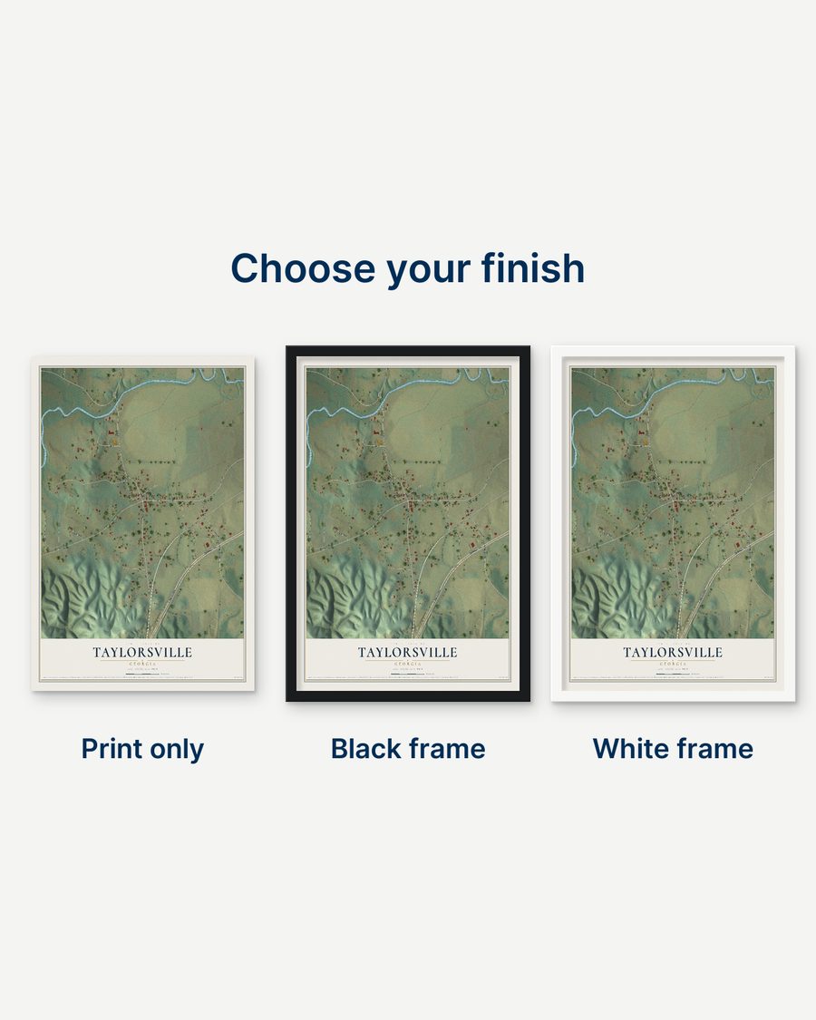 The Taylorsville, Georgia map as a print only, in a black frame and in a white frame