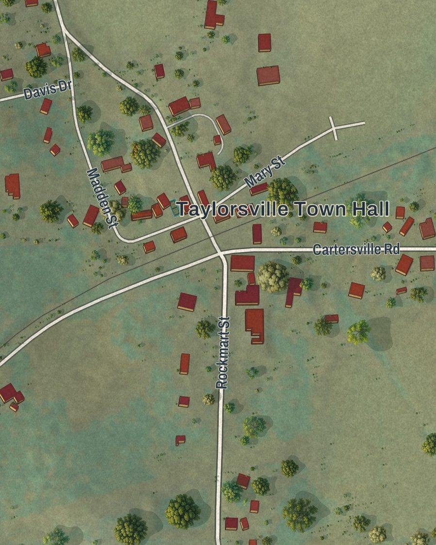 Close-up of Taylorsville streets on the map