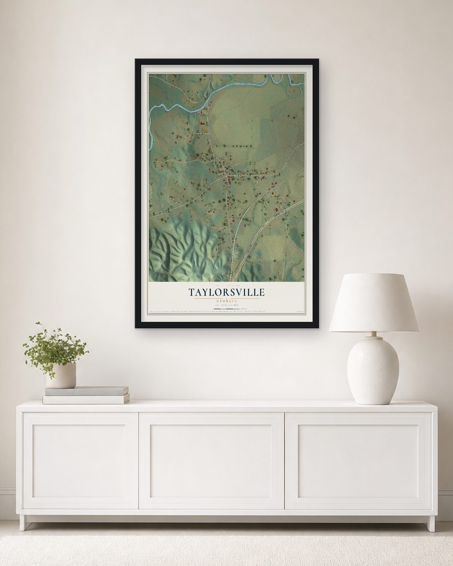 The Taylorsville, Georgia map, 24 x 36 in, in a black wood frame on a living room wall