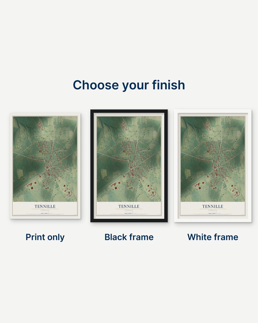 The Tennille, Georgia map as a print only, in a black frame and in a white frame