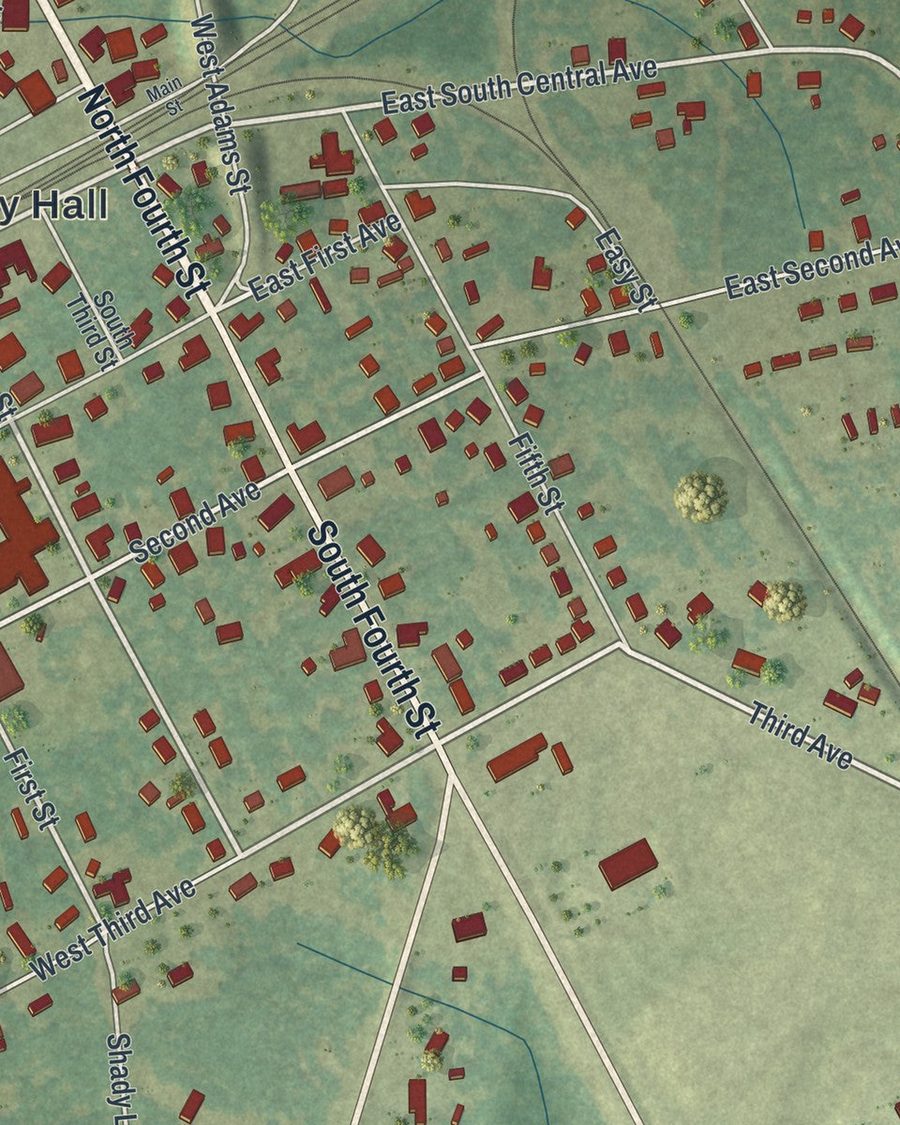 Close-up of Tennille streets on the map