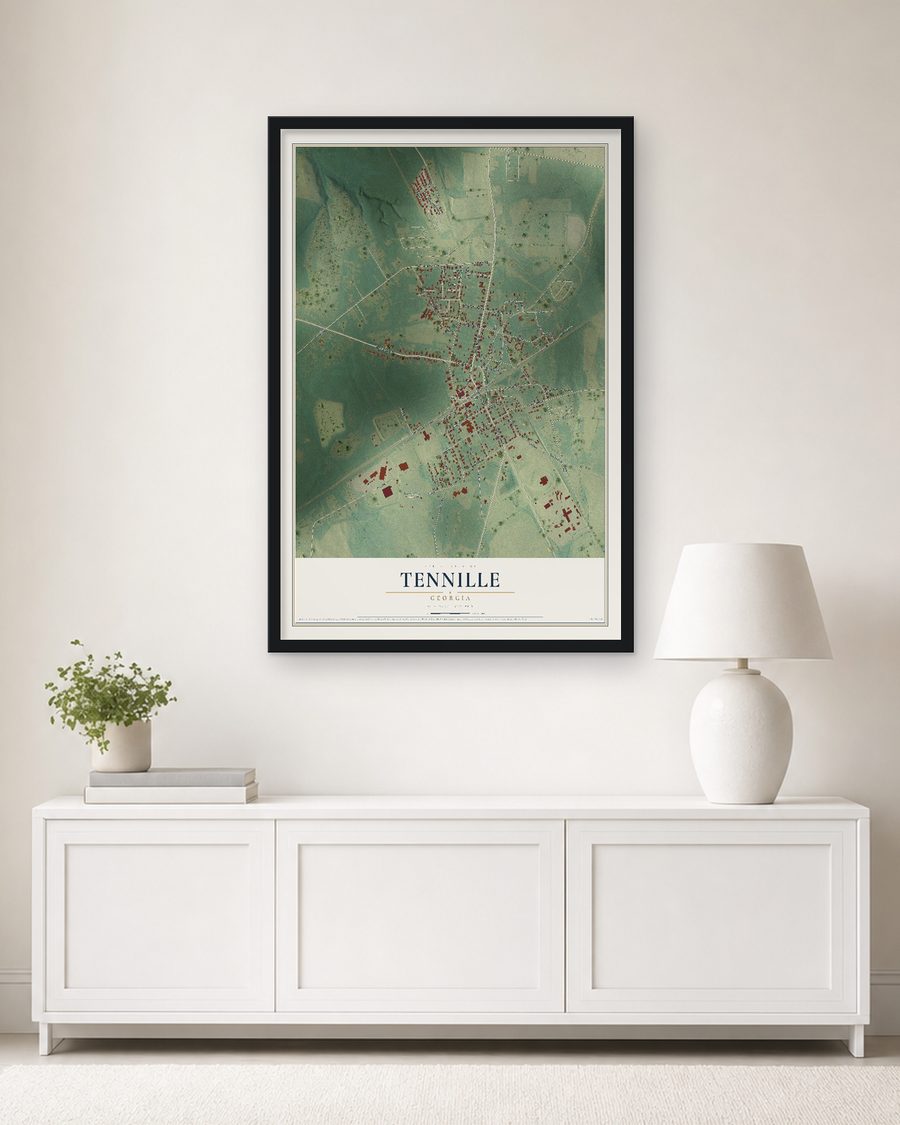 The Tennille, Georgia map, 24 x 36 in, in a black wood frame on a living room wall