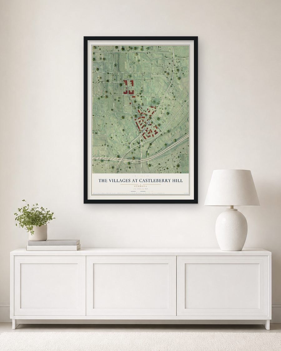 The The Villages at Castleberry Hill, Georgia map, 24 x 36 in, in a black wood frame on a living room wall