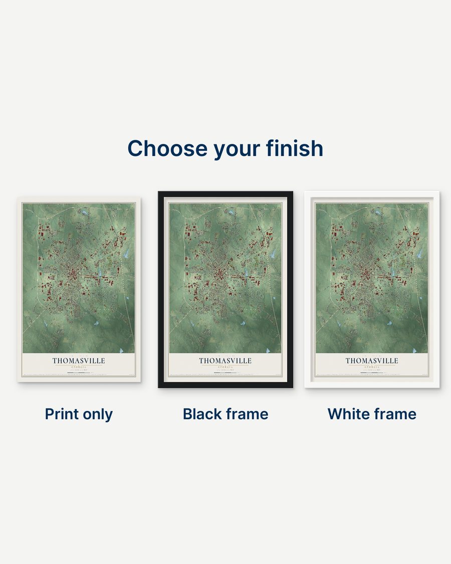 The Thomasville, Georgia map as a print only, in a black frame and in a white frame