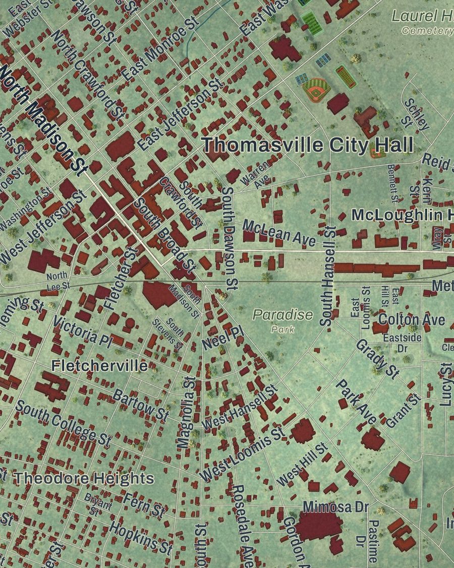 Close-up of Thomasville streets on the map
