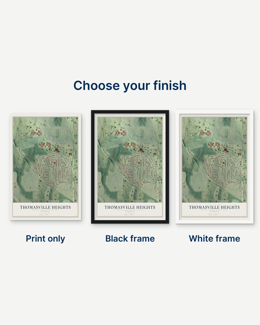 The Thomasville Heights, Georgia map as a print only, in a black frame and in a white frame