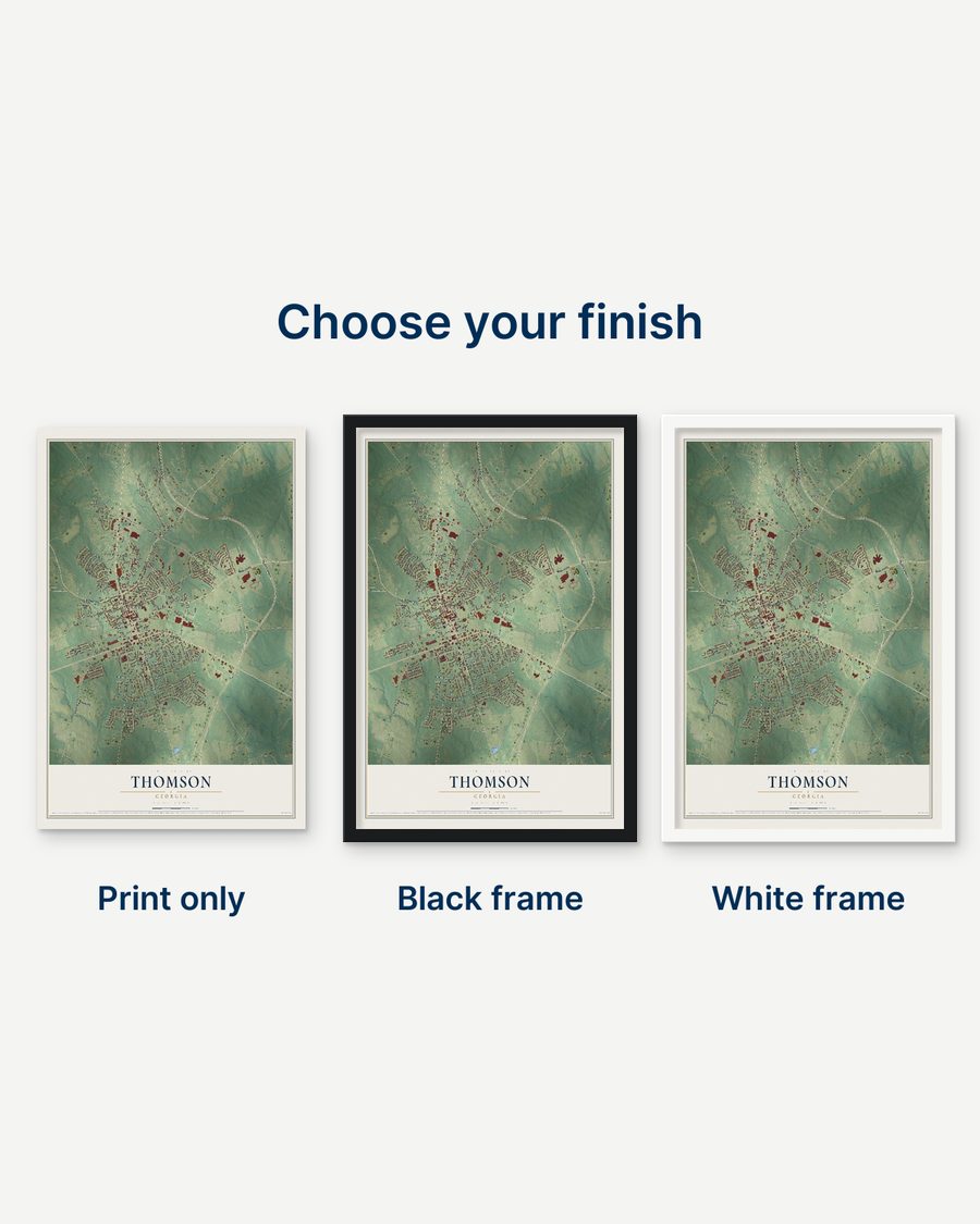 The Thomson, Georgia map as a print only, in a black frame and in a white frame
