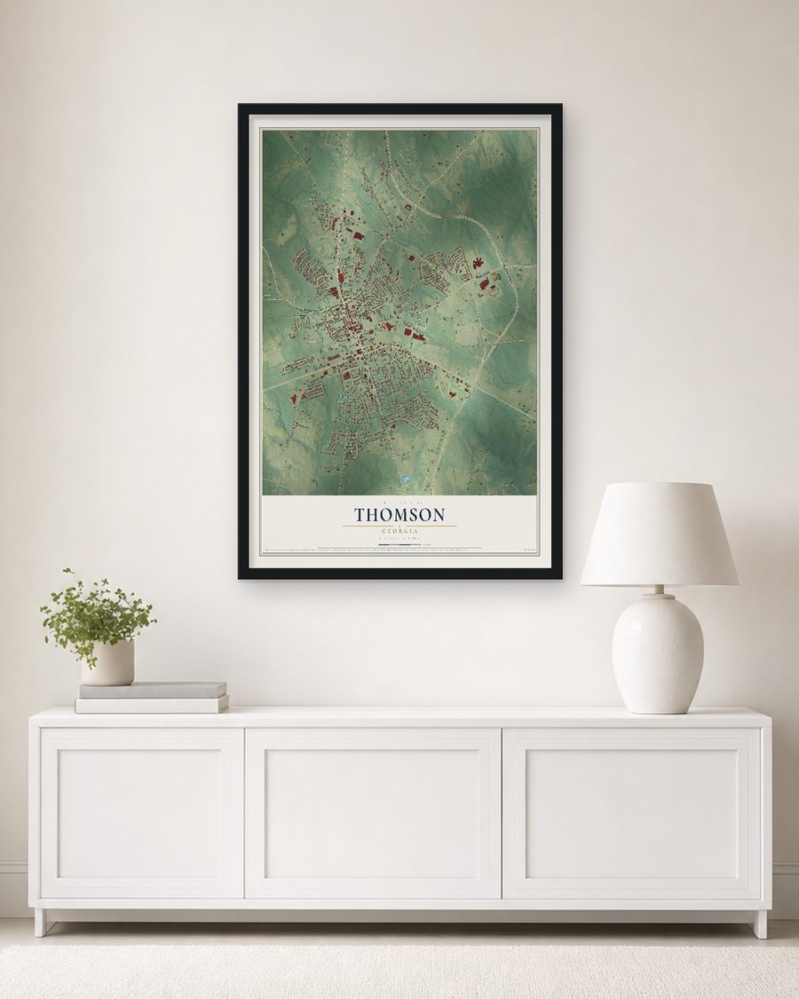 The Thomson, Georgia map, 24 x 36 in, in a black wood frame on a living room wall