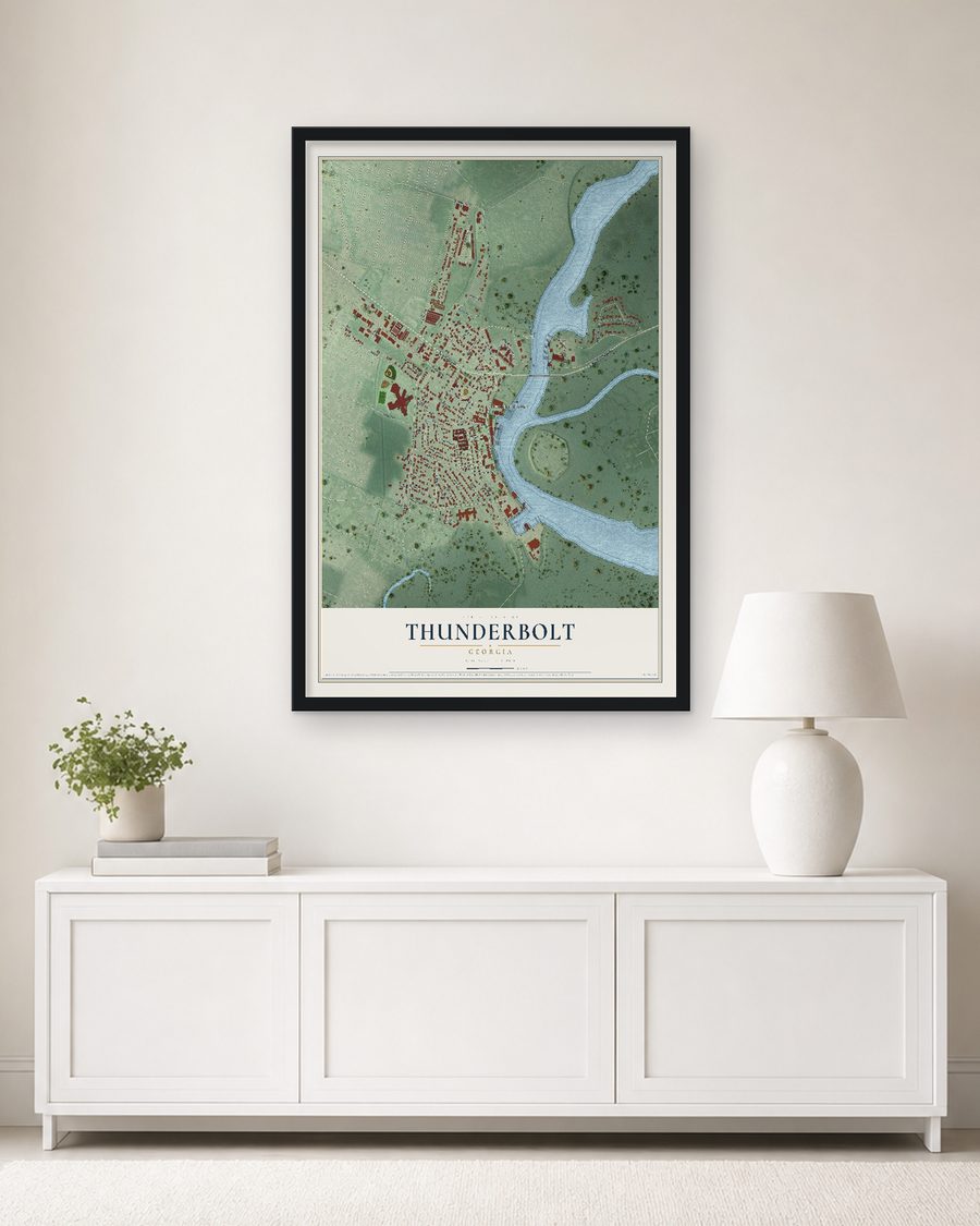 The Thunderbolt, Georgia map, 24 x 36 in, in a black wood frame on a living room wall