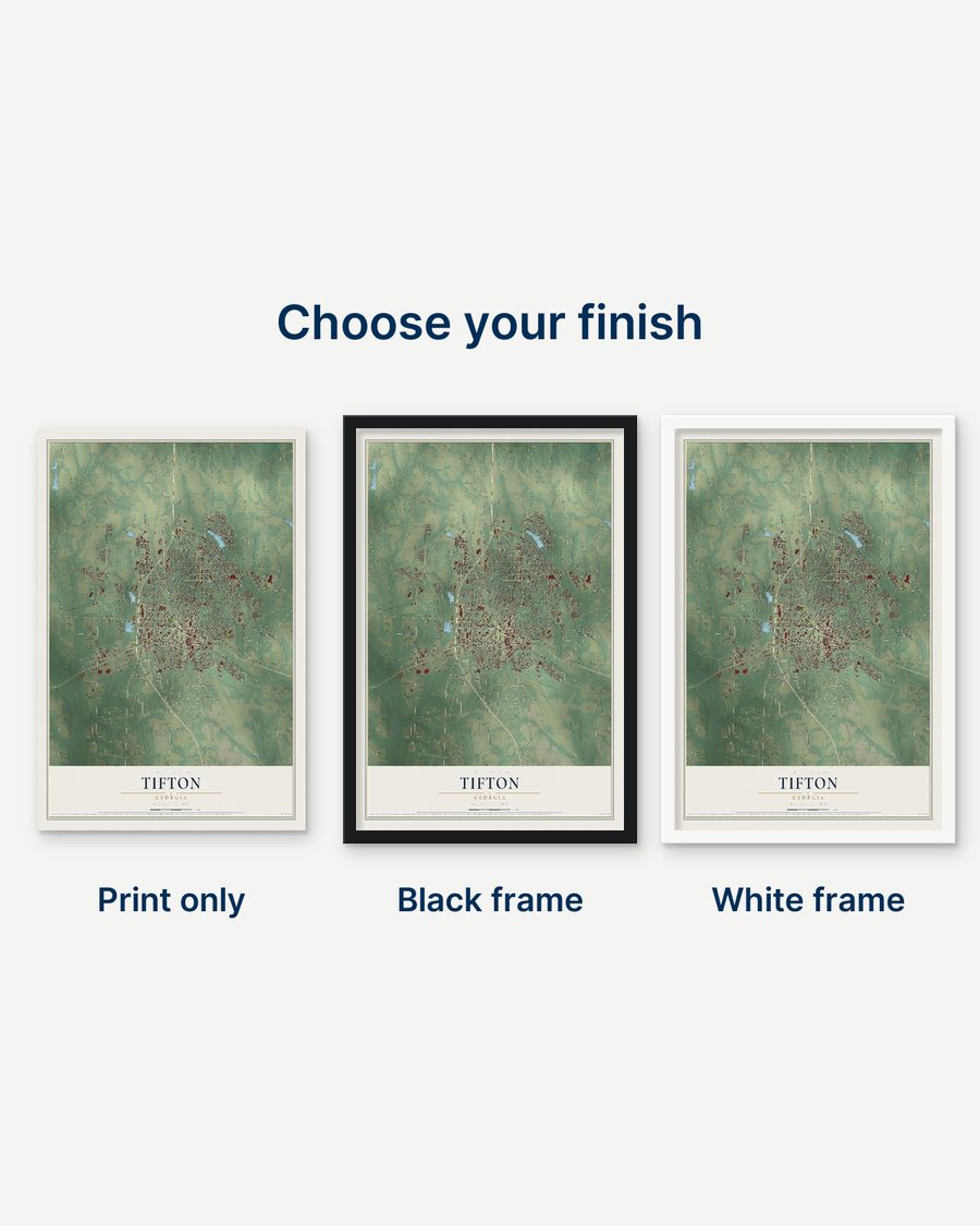 The Tifton, Georgia map as a print only, in a black frame and in a white frame