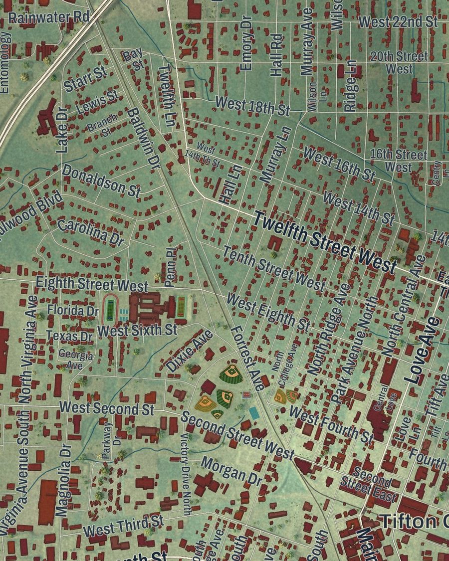 Close-up of Tifton streets on the map