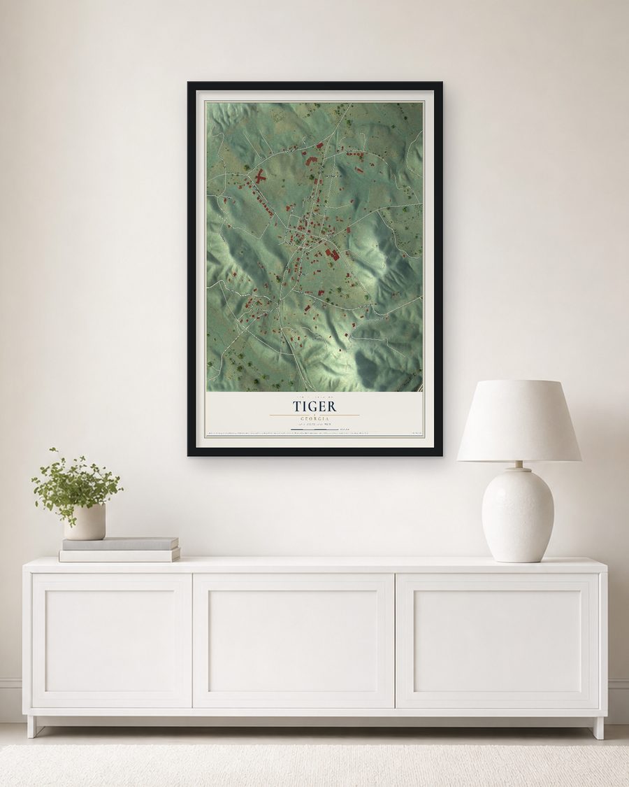 The Tiger, Georgia map, 24 x 36 in, in a black wood frame on a living room wall