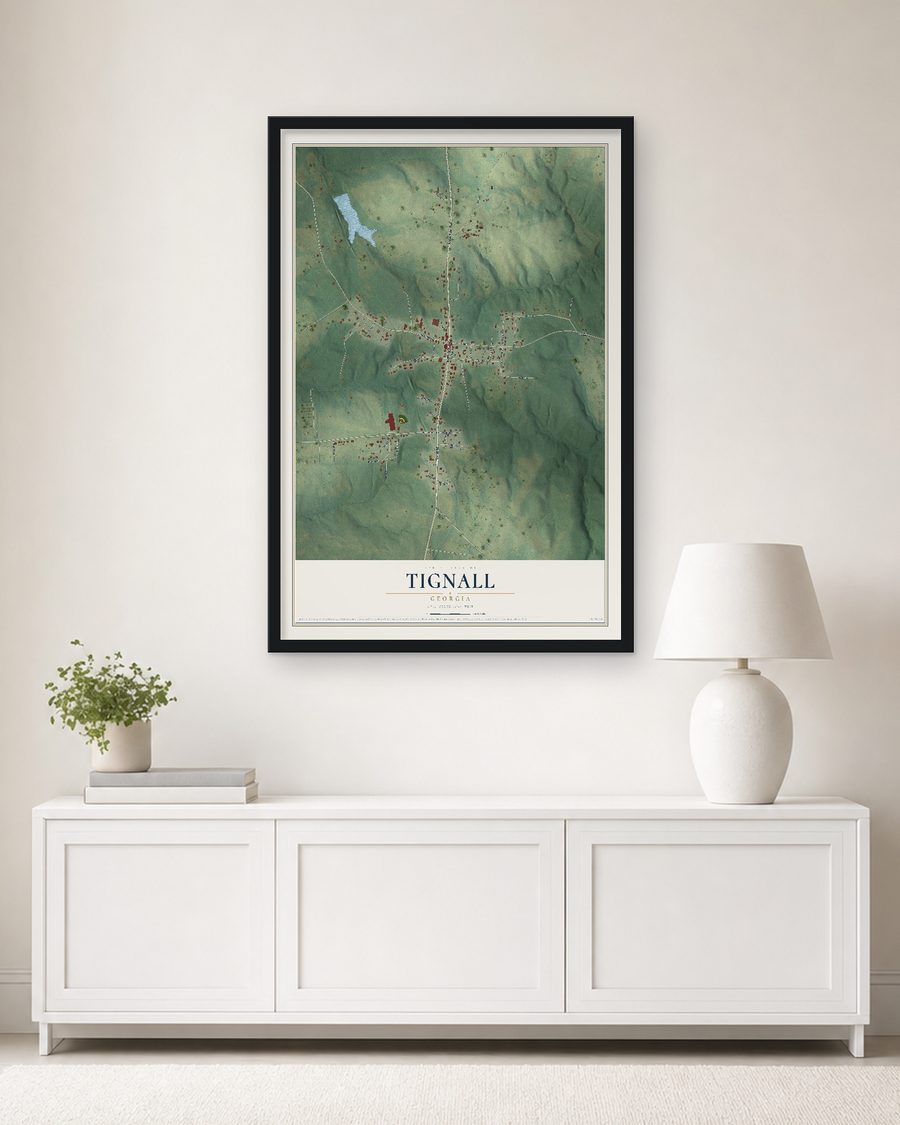 The Tignall, Georgia map, 24 x 36 in, in a black wood frame on a living room wall