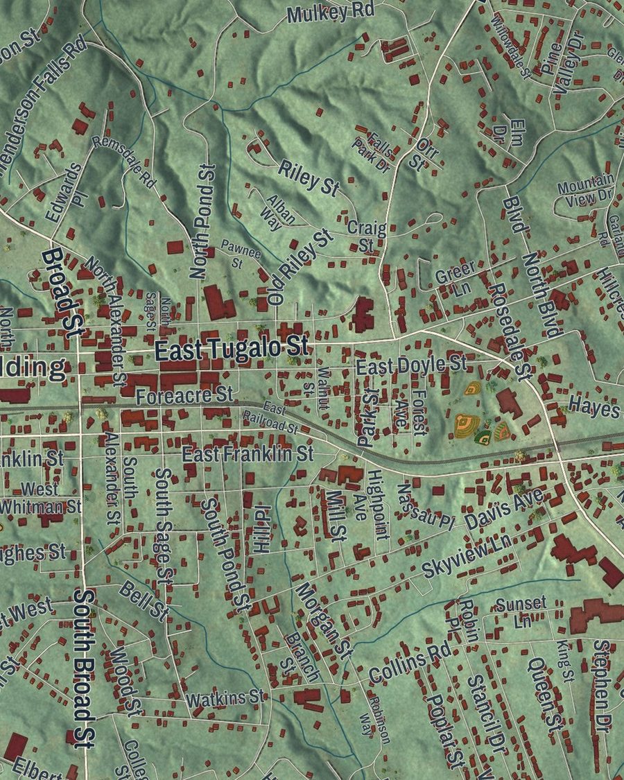 Close-up of Toccoa streets on the map
