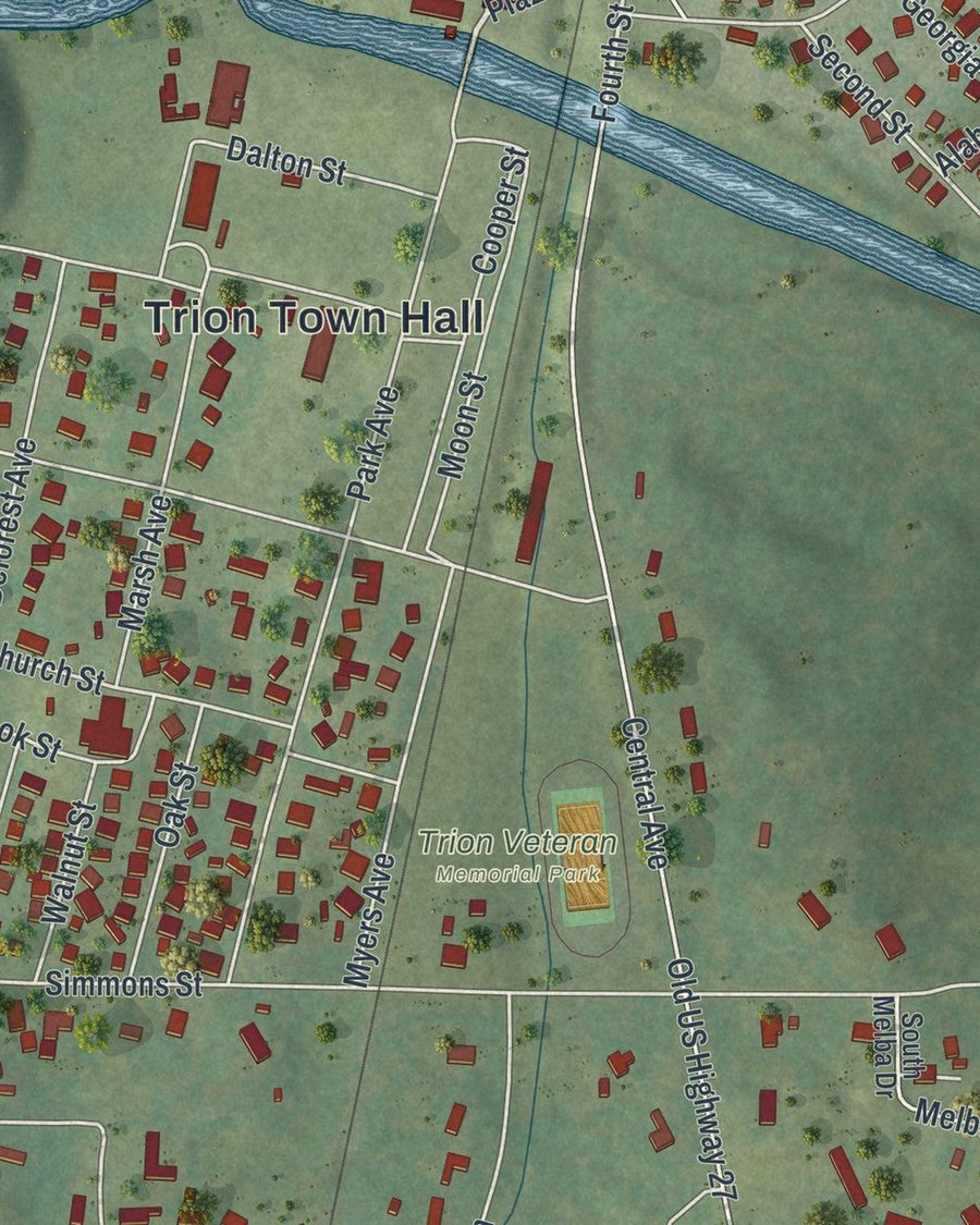 Close-up of Trion streets on the map