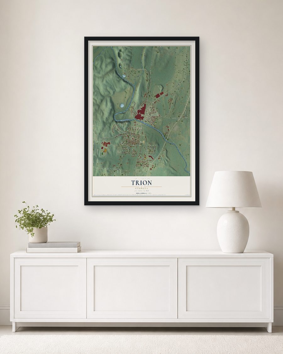 The Trion, Georgia map, 24 x 36 in, in a black wood frame on a living room wall