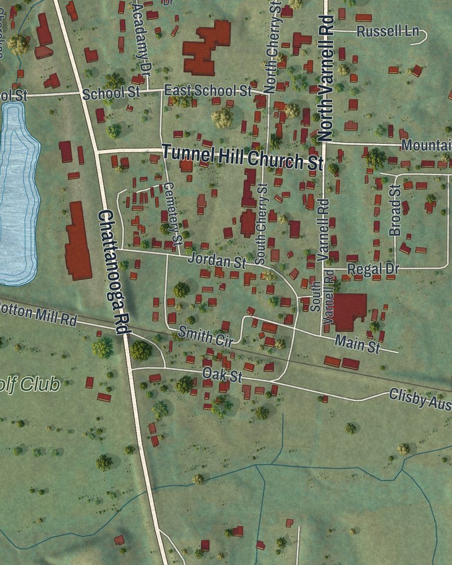 Close-up of Tunnel Hill streets on the map