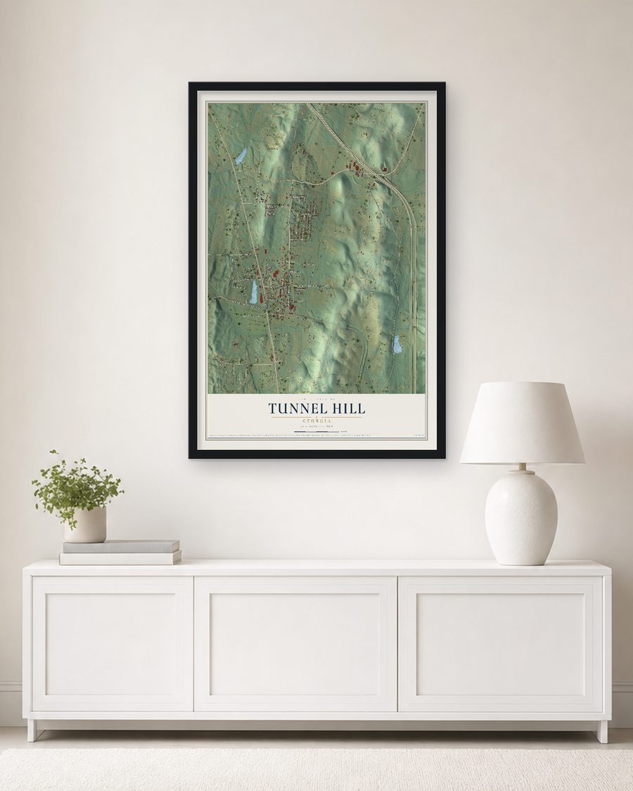 The Tunnel Hill, Georgia map, 24 x 36 in, in a black wood frame on a living room wall