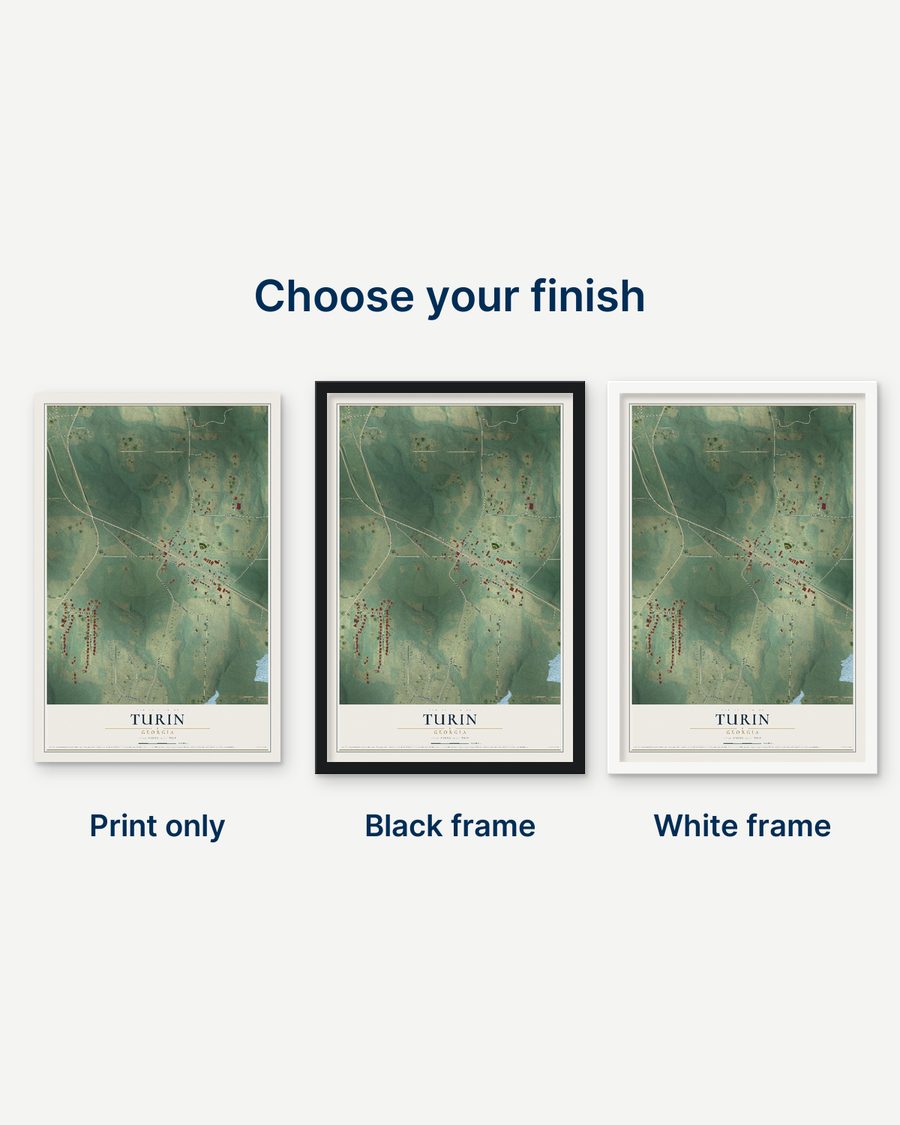 The Turin, Georgia map as a print only, in a black frame and in a white frame