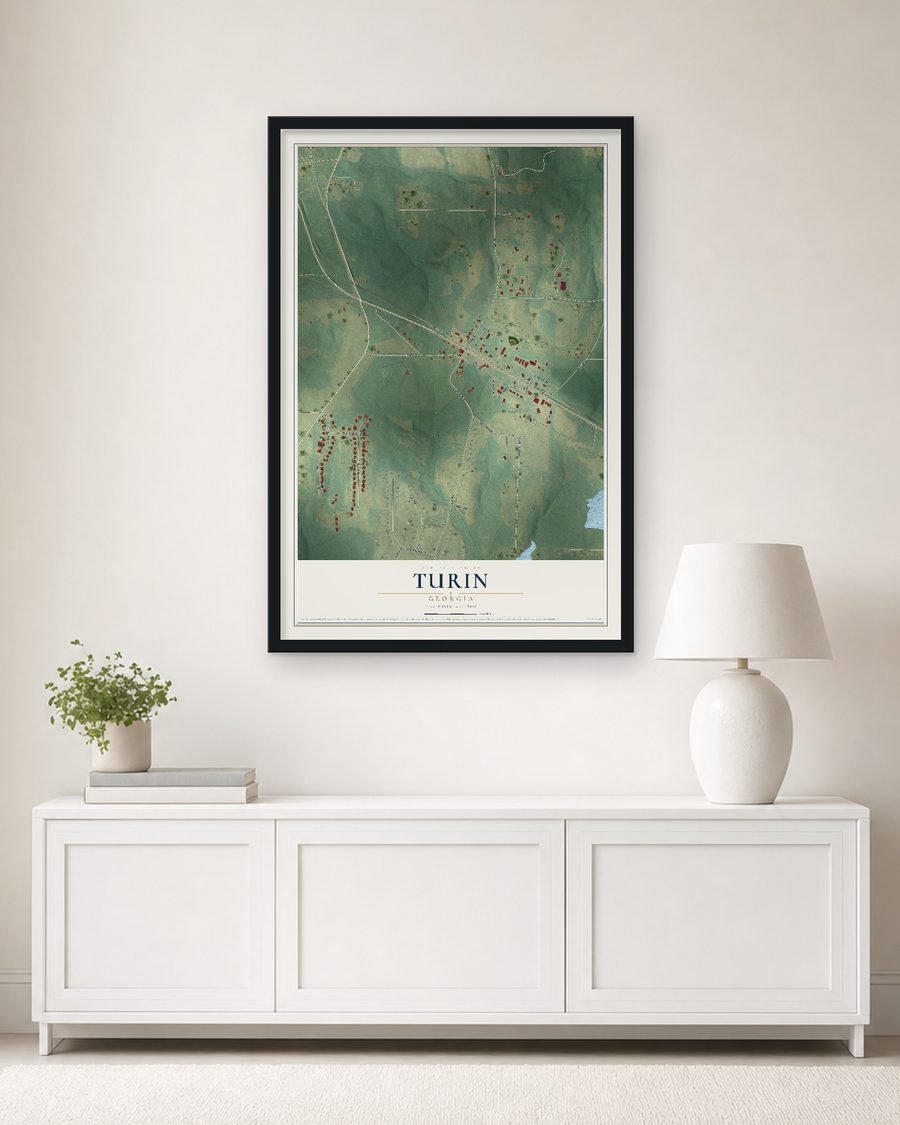 The Turin, Georgia map, 24 x 36 in, in a black wood frame on a living room wall