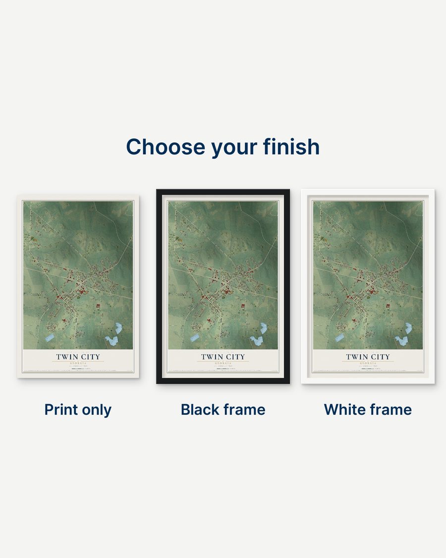The Twin City, Georgia map as a print only, in a black frame and in a white frame