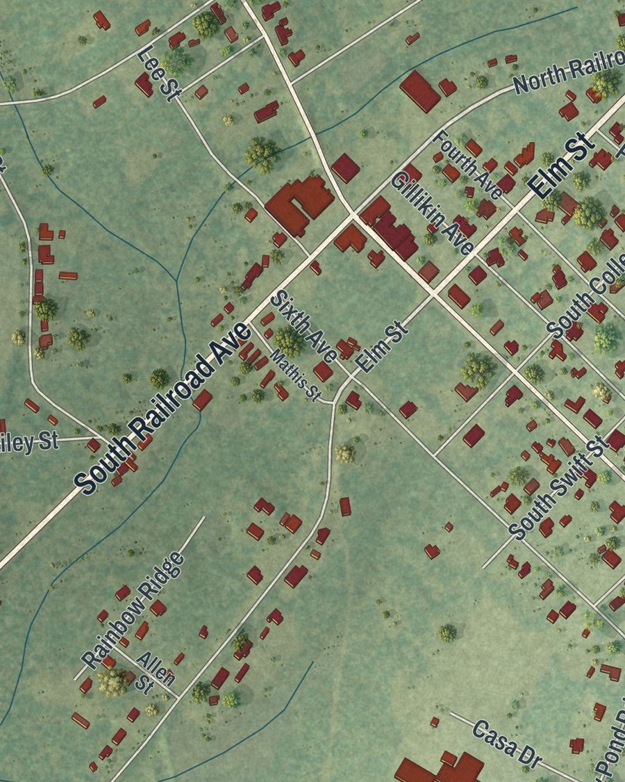 Close-up of Twin City streets on the map