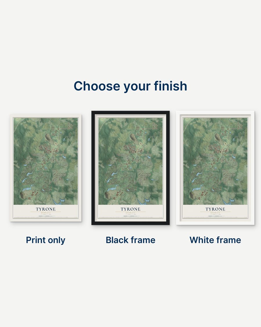 The Tyrone, Georgia map as a print only, in a black frame and in a white frame