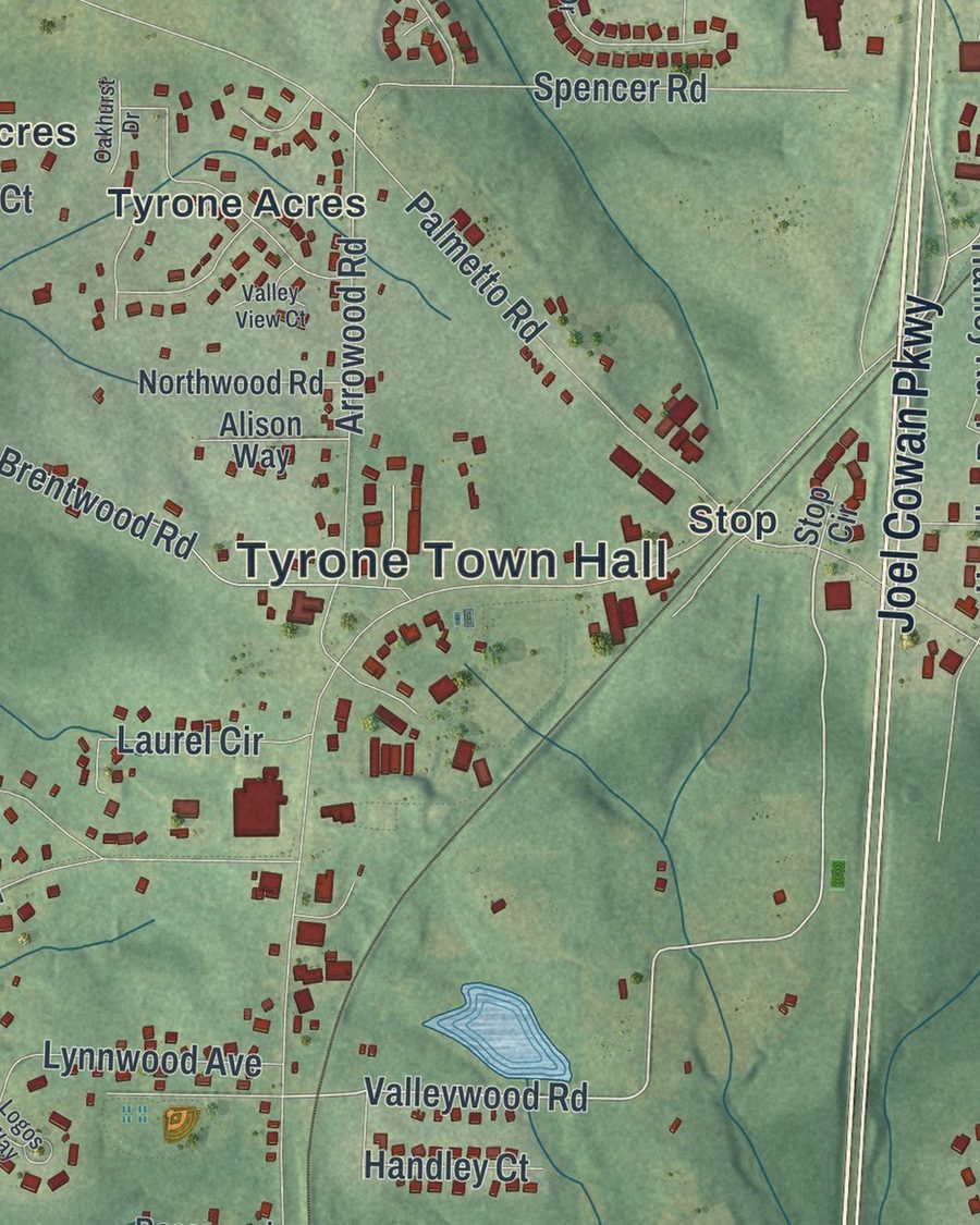 Close-up of Tyrone streets on the map