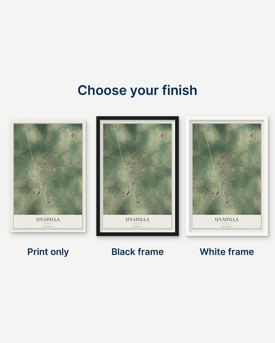The Unadilla, Georgia map as a print only, in a black frame and in a white frame
