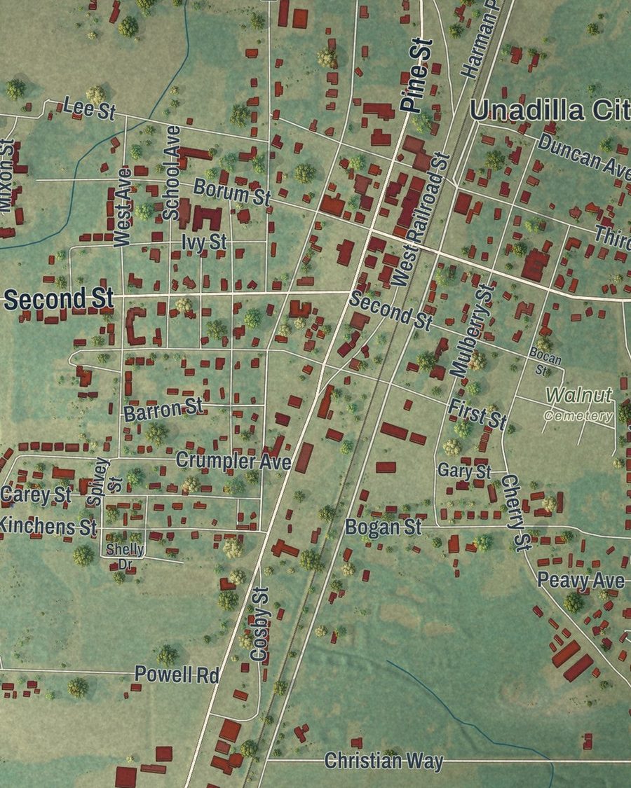 Close-up of Unadilla streets on the map