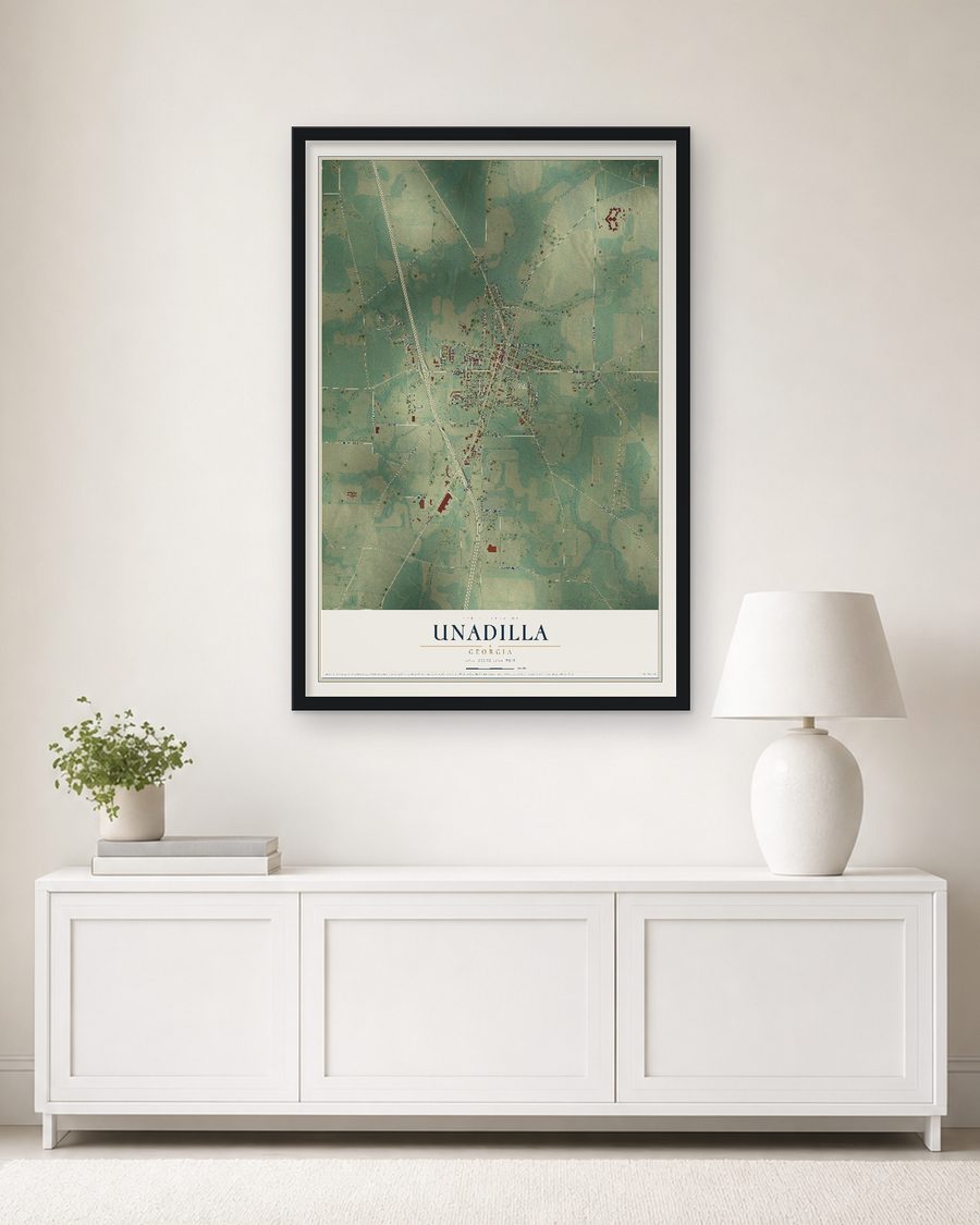 The Unadilla, Georgia map, 24 x 36 in, in a black wood frame on a living room wall