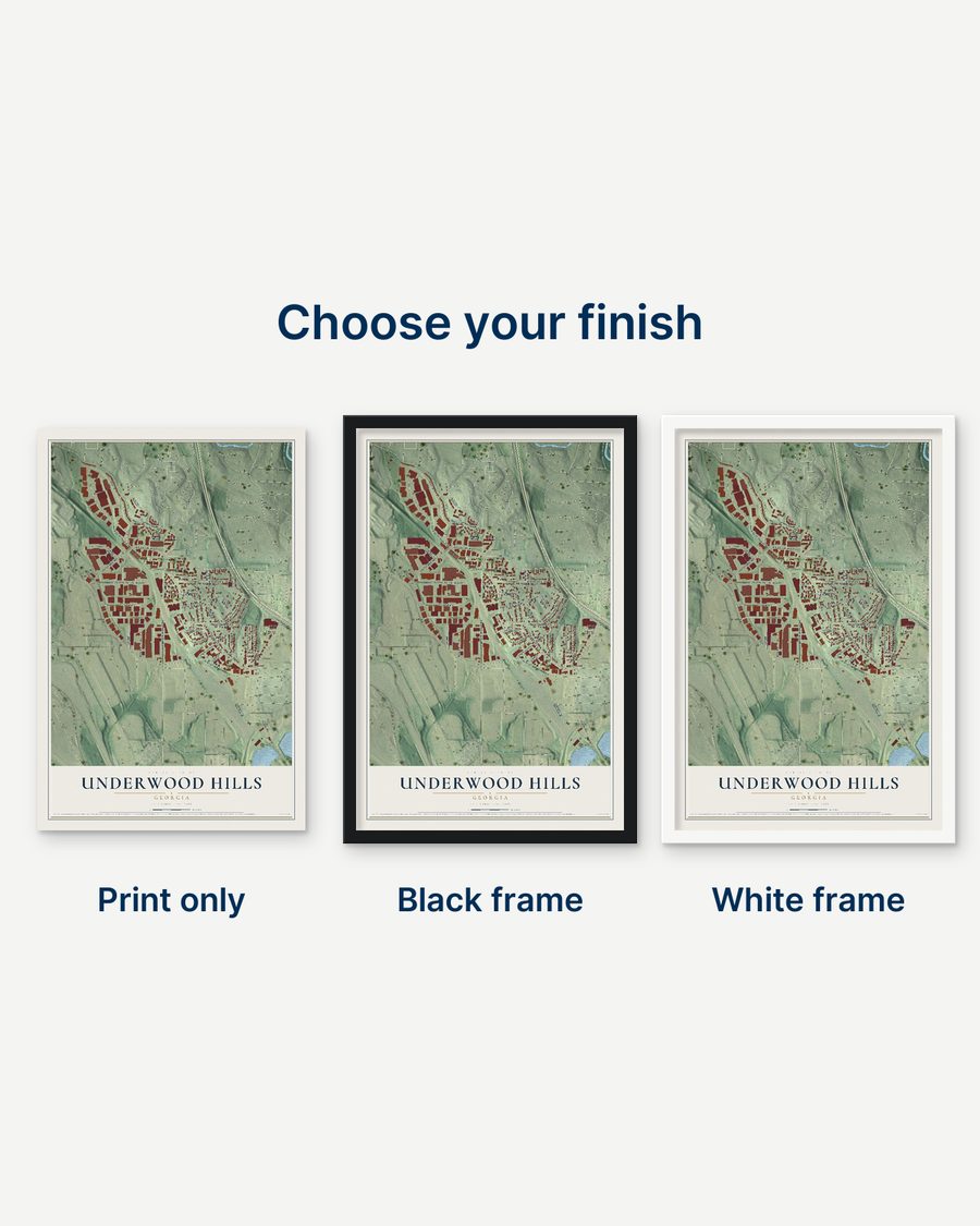 The Underwood Hills, Georgia map as a print only, in a black frame and in a white frame