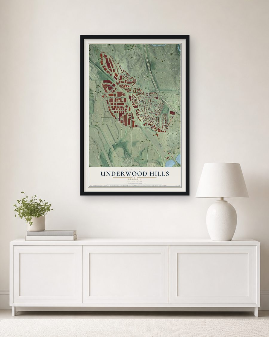 The Underwood Hills, Georgia map, 24 x 36 in, in a black wood frame on a living room wall