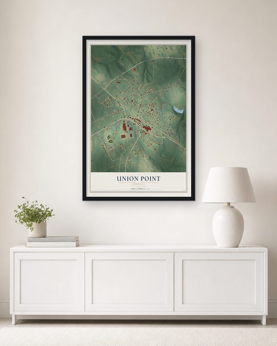 The Union Point, Georgia map, 24 x 36 in, in a black wood frame on a living room wall