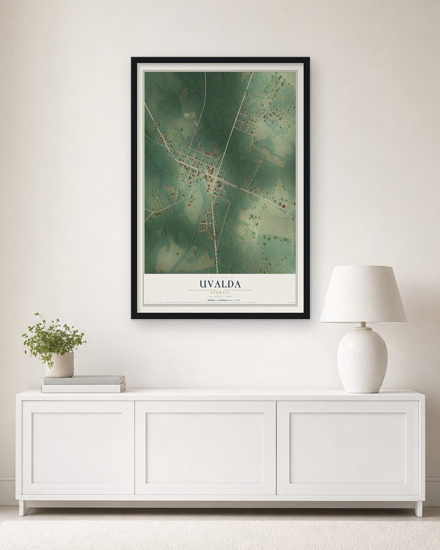 The Uvalda, Georgia map, 24 x 36 in, in a black wood frame on a living room wall